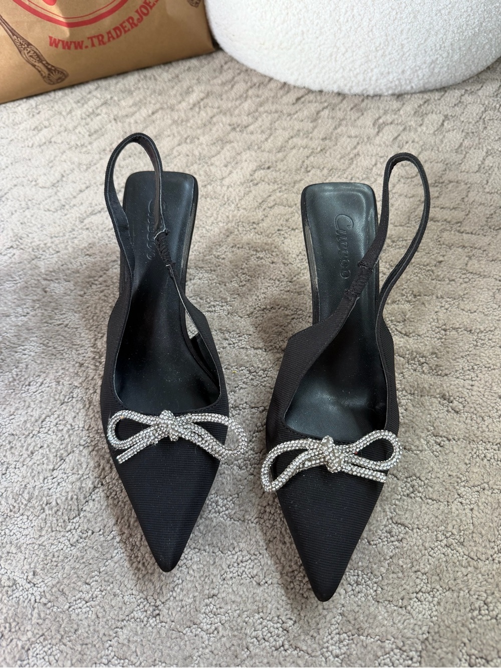 Black Rhinestone Bow Pointed-Toe Slingback Kitten Heels